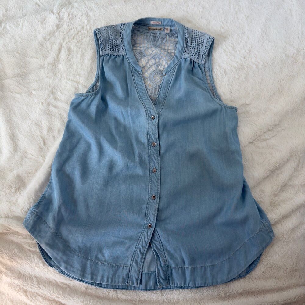 Holding horses light blue chambray sleeveless button front top with laced back